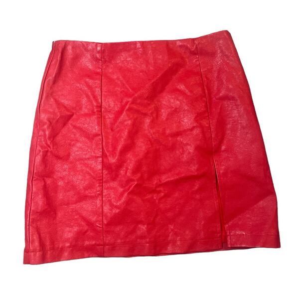 Y2K Cherry Red Faux Leather Lined Front Slit Sexy Vamp Going Out Mini Skirt S - Picture 1 of 6